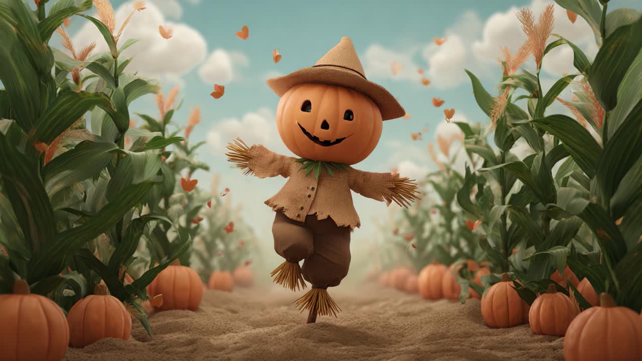 A Whimsical Scarecrow Character with a Pumpkin Head Dances Joyfully Among Cornfields and Pumpkins Under a Bright Blue Sky Filled with Fluffy Clouds and Butterflies