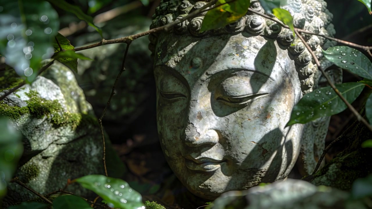 Luce solare mutevole che proietta ombre su una testa di Buddha in pietra in un giardino ombreggiato, rivelando una roccia muschiosa