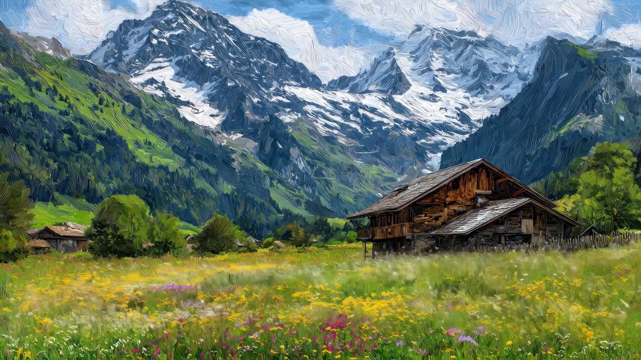 Paesaggio in stile pittura a olio di una baita rustica nelle Alpi svizzere