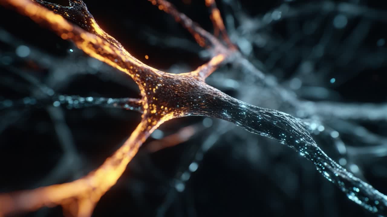 Stunning macro representation of a neural network with neurons firing and sending electrical signals through a synapse, showing the intricate communication system within the human brain