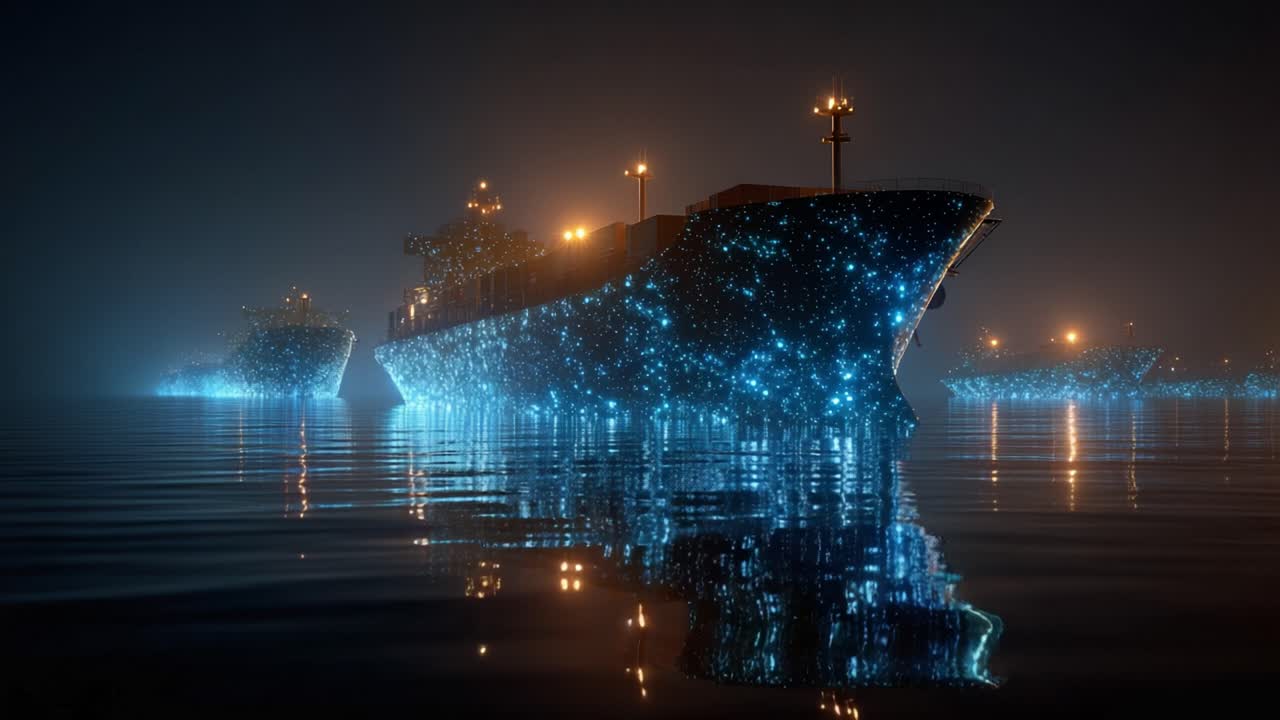 Abstract cargo ships made of glowing blue particles floating on calm sea at night, symbolizing global logistics, international shipping, futuristic technology, and big data in the supply chain