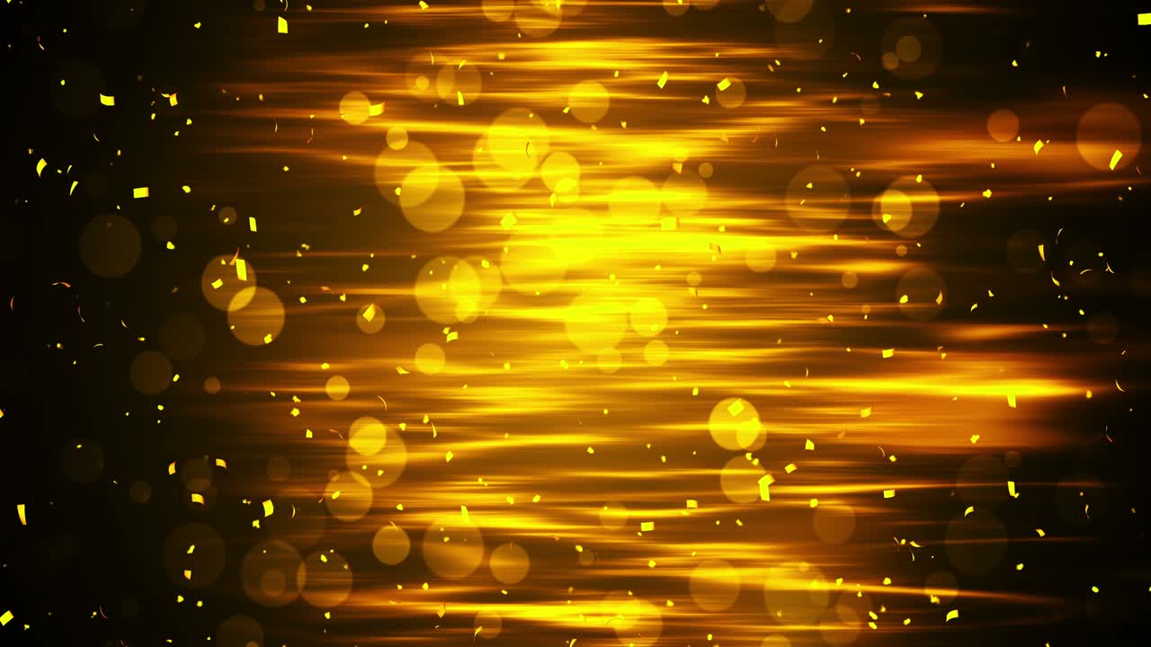 반이는 황금색 콩페티, 황금색의 밝은 축제 틴셀, 검은색 배경에 보케 조명, 반이는 파동 디자인, 루프 애니메이션, 텍스트를 복사하는 공간.