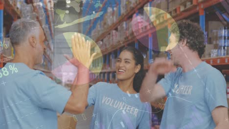 Animation-of-statistics-and-data-processing-over-smiling-volunteers-working-in-warehouse