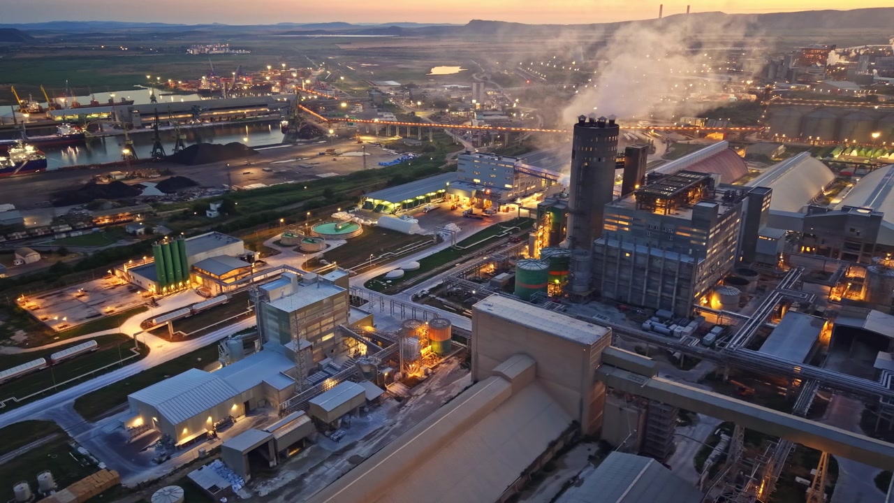 Industriområde i skumringen med bygninger, maskineri og lys i et arbeidsmiljø