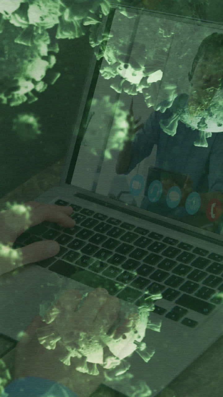 animación de las células de covid-19 sobre el hombre de negocios en la pantalla del portátil