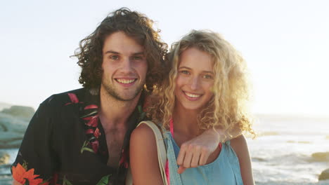 Portrait,-beach-relax-and-couple-on-travel