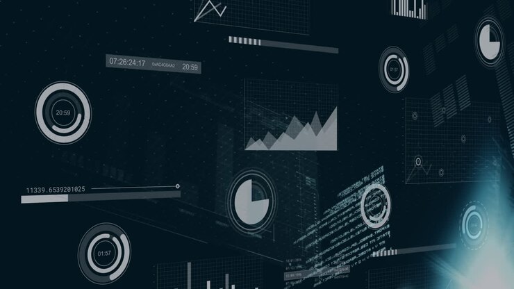 Animation of multiple graphs, computer language, loading circles and bars over black background