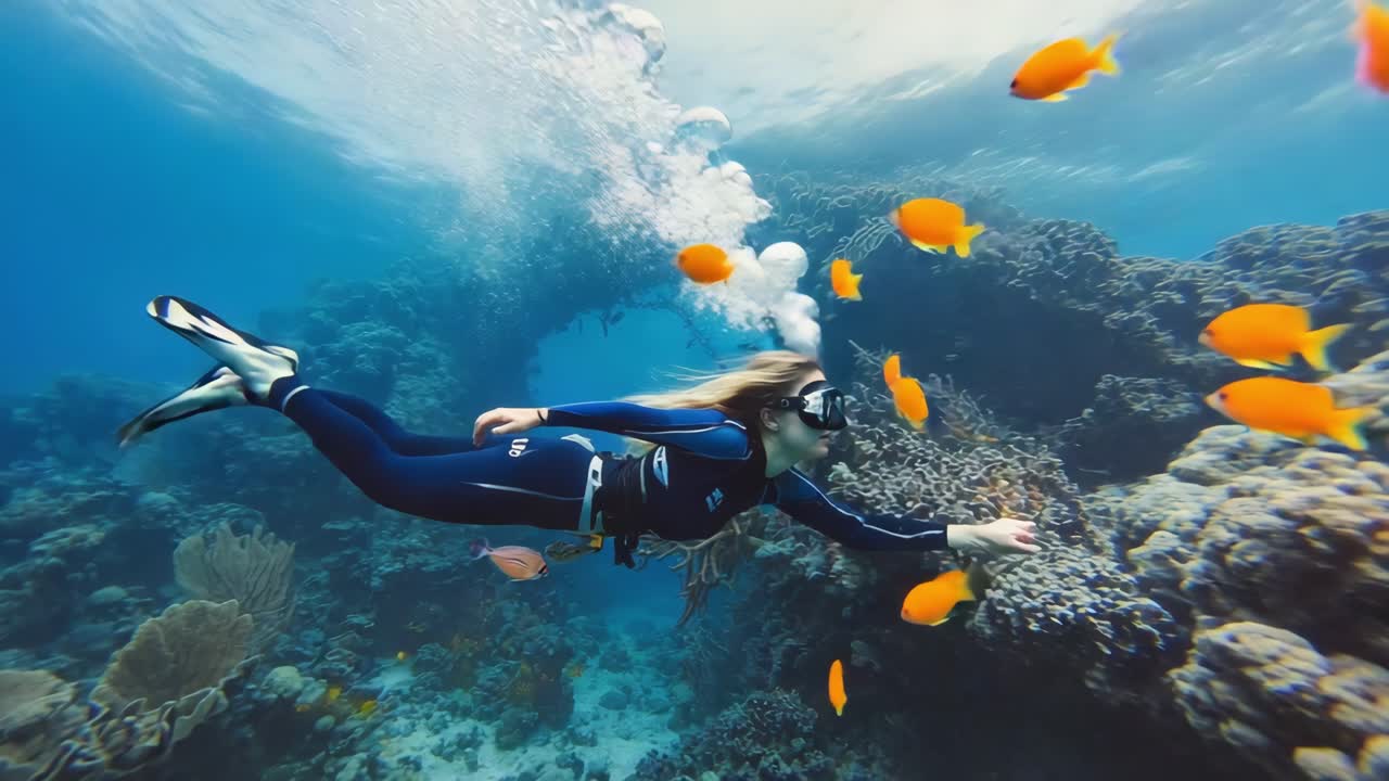 Marine biologist swimming near vibrant coral reef, observing school of orange fish navigating blue ocean depths during underwater marine research exploration