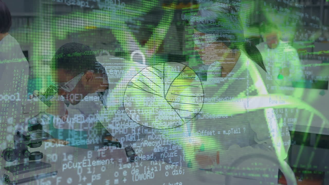 animación de cadenas de adn y procesamiento de datos sobre diversos científicos en el laboratorio