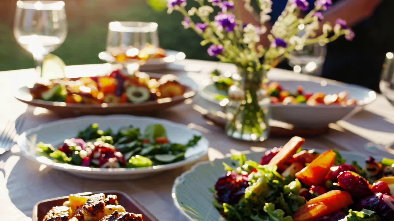 Aerial view of a vibrant outdoor dinner setting with colorful salads and flowers, captured in warm