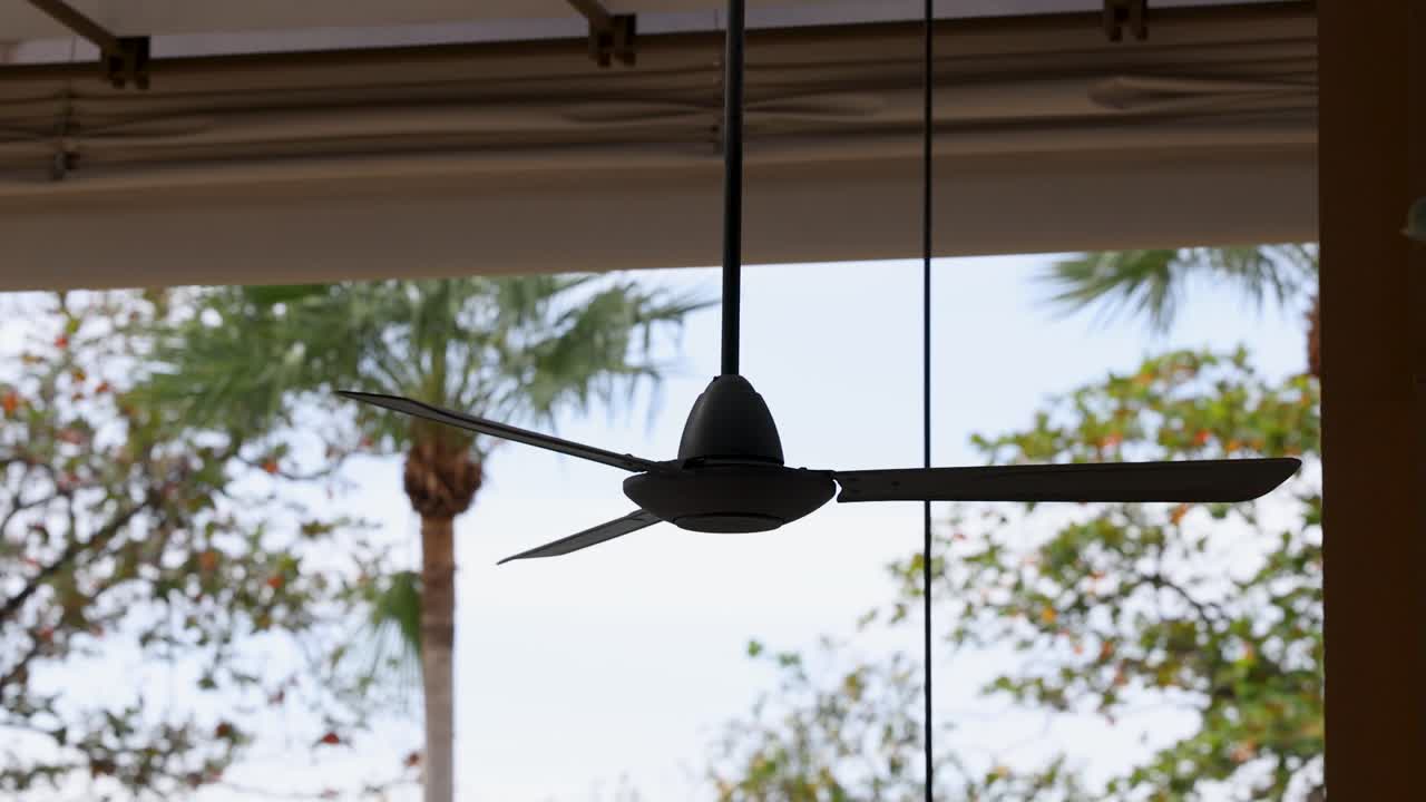 천장 팬은 천천히 나무와 은 하늘을 배경으로 회전, 자연 조명에서 포착