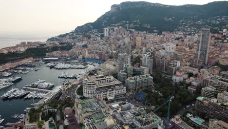 Monaco-City-Buildings-and-Port-Harbor,-Aerial-Drone-Panorama-Landscape