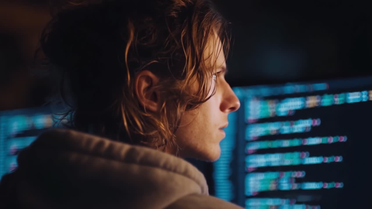 A Focused Programmer Analyzing Code Late at Night: The Intense Atmosphere of Software Development in a Dark Room with Multiple Monitors Displaying Complex Data