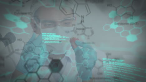 animation of chemical formula and data processing over caucasian male doctor preparing vaccine