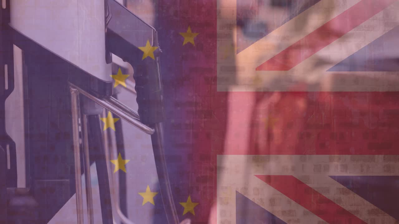 bandera de gran bretaña y la unión europea sobre la estación de carga de vehículos eléctricos