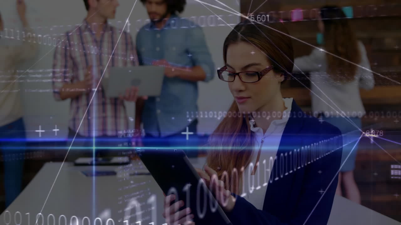 technology team using tablet in open office, displaying floating binary code and data lines