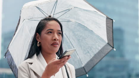 rain, phone call and business woman in city