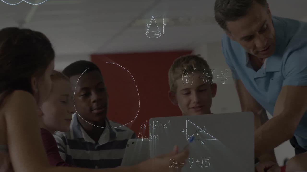 Animation of math graphs over caucasian male teacher and class of diverse students at school