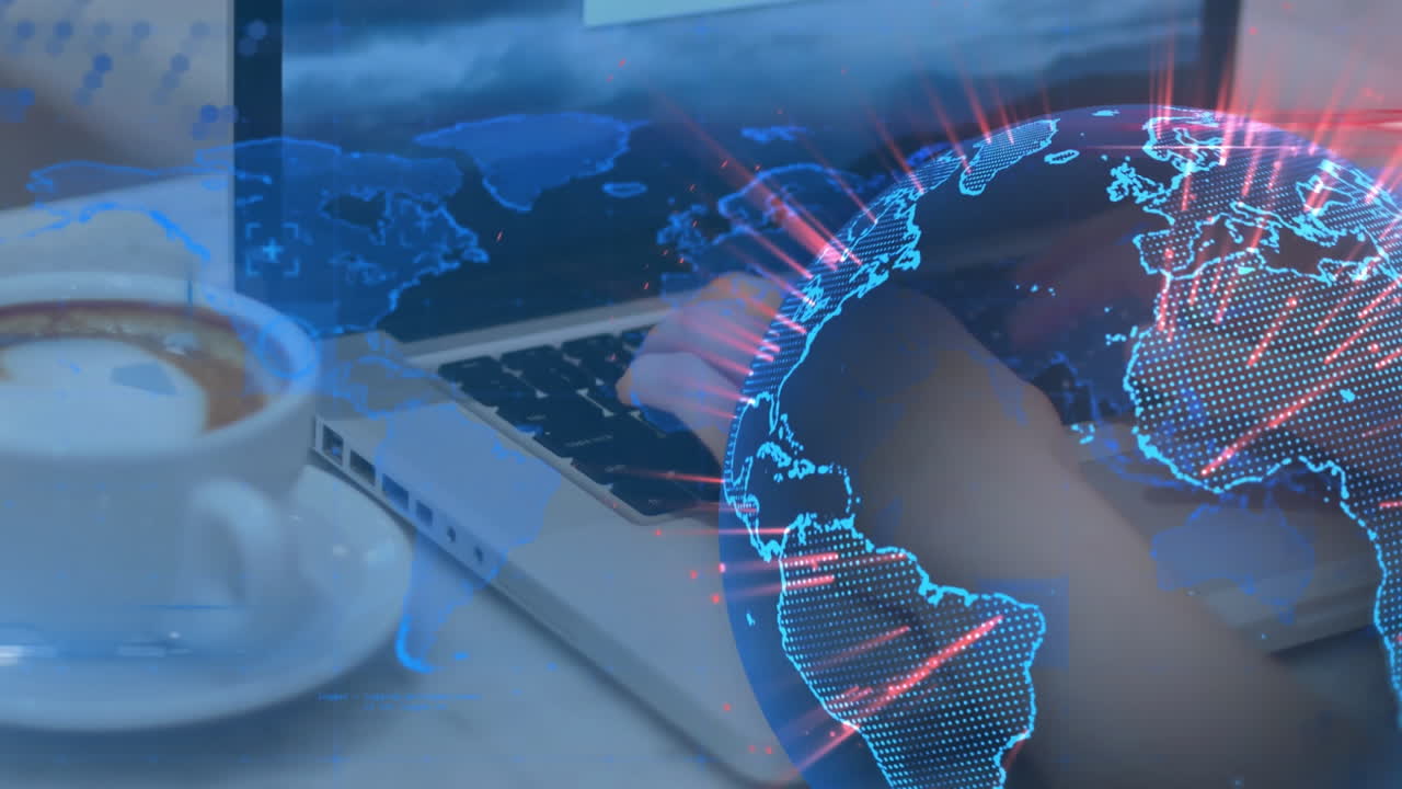 animación del globo con una red de conexiones sobre una mujer usando una computadora portátil