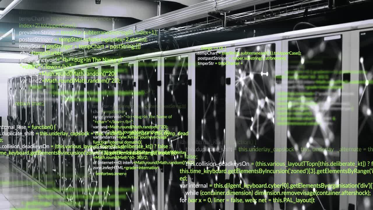 Animation of data processing and network of connections against computer server room