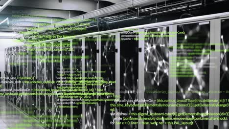 animación del procesamiento de datos y la red de conexiones contra la sala de servidores de computadoras
