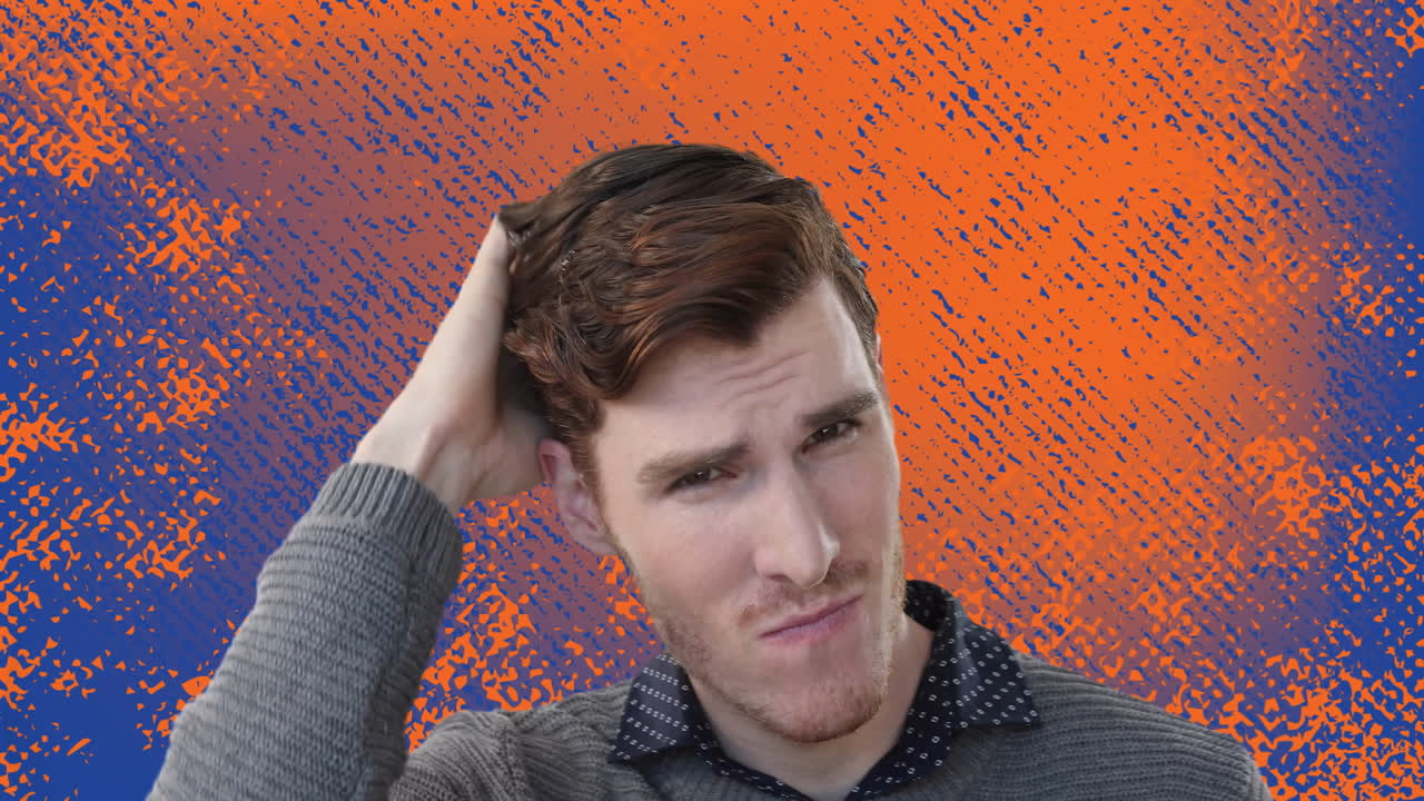 Thinking man over abstract orange and blue animation background