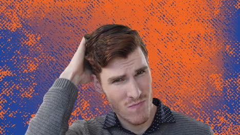 thinking man over abstract orange and blue animation background
