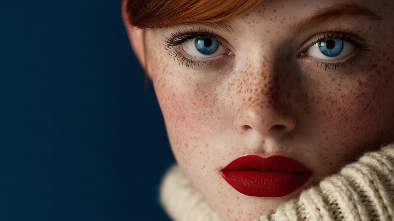 Captivating Close-Up Portrait of a Young Woman with Freckles, Stunning Blue Eyes, and Bold Red Lips, Elegantly Styled in a Cozy Sweater Against a Deep Blue Background