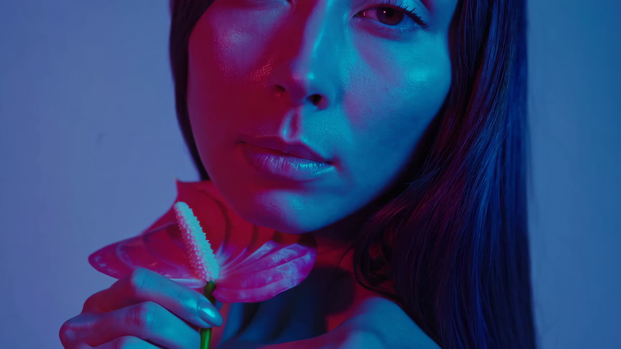 Vibrant Portrait of a Woman with an Anthurium Flower in Neon Lights