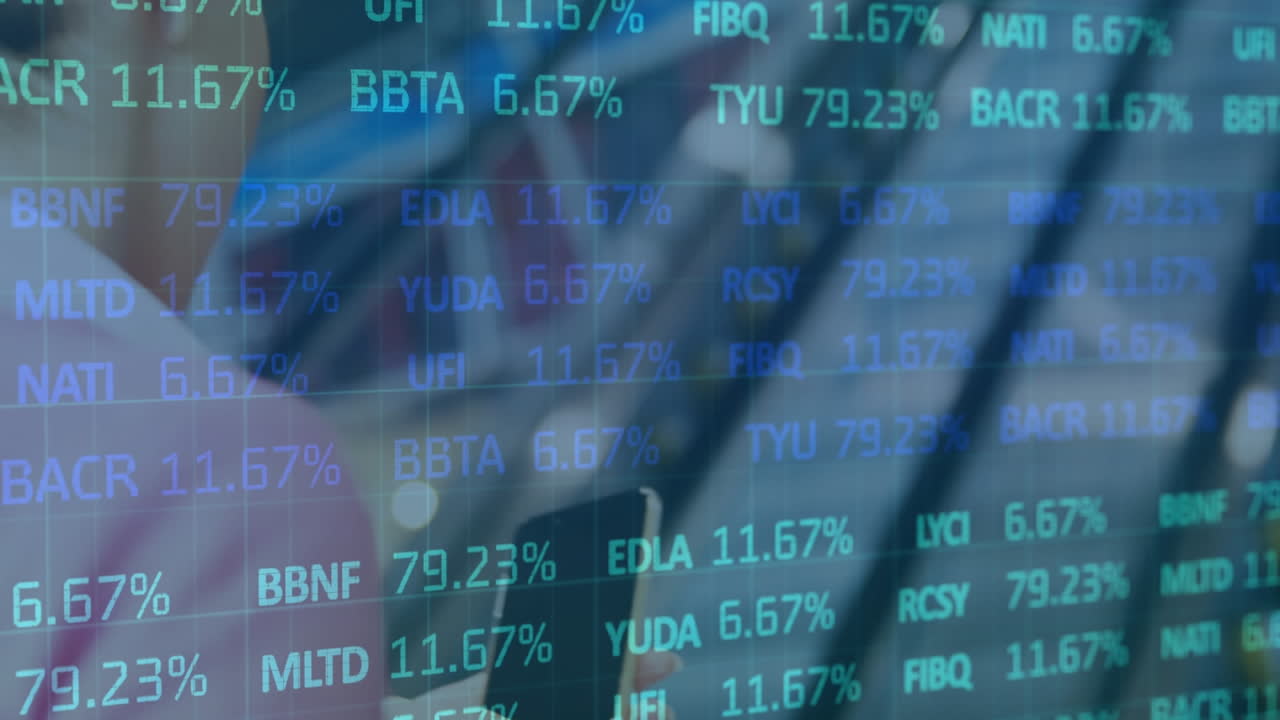 Stock market data processing against caucasian businesswoman using smartphone on the escalator
