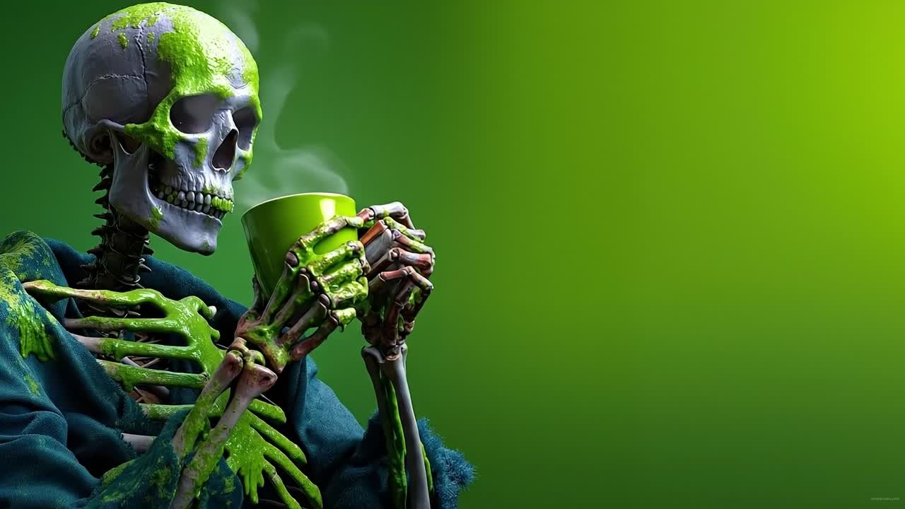 A skeleton holding a cup of coffee in his hands