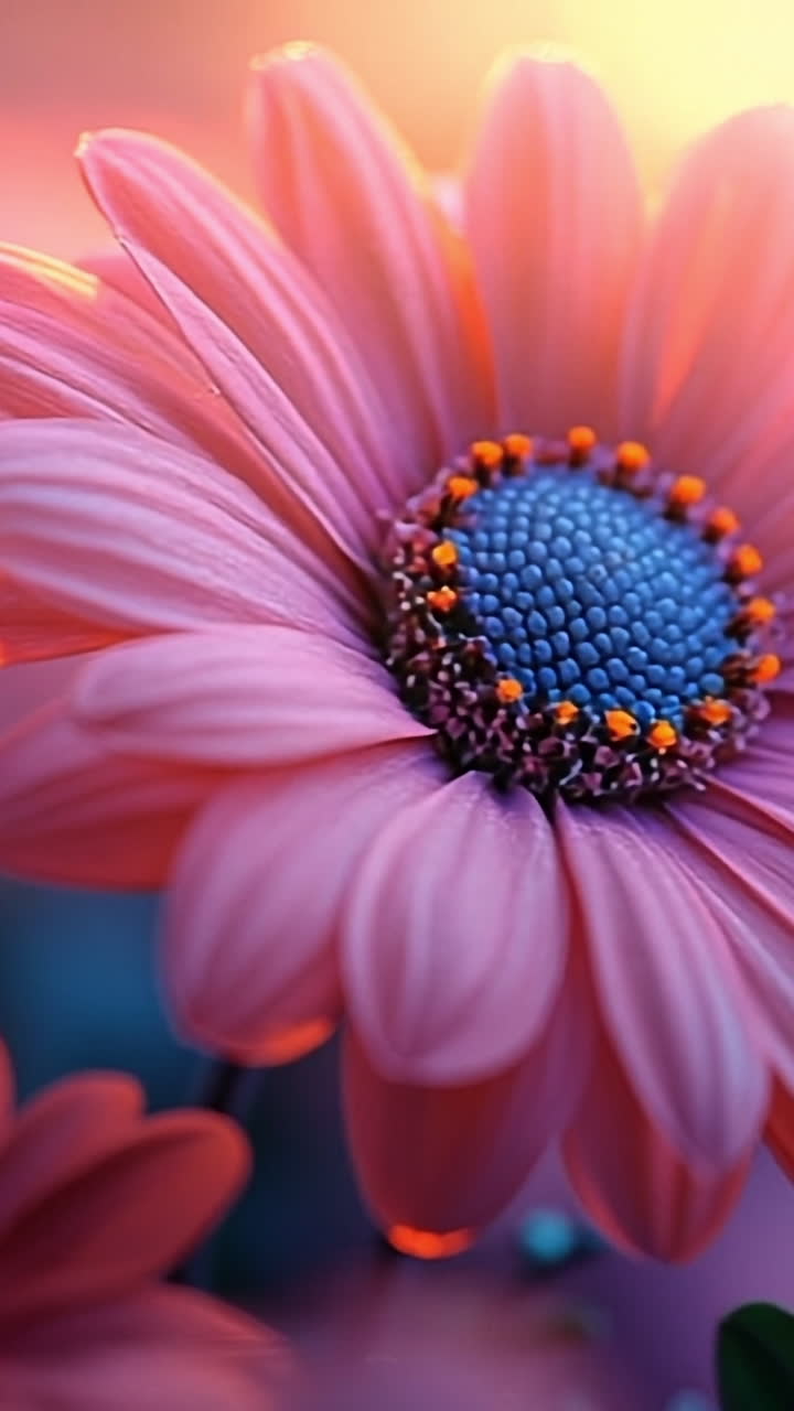 Vibrant blooms enrich gardens. Vibrant pink flowers with blue centers bloom in a garden at sunset, creating a colorful and serene atmosphere.