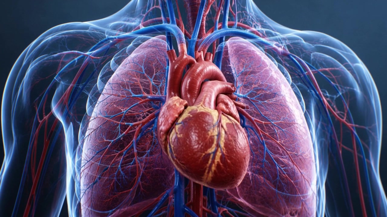 Animazione medica 3D del cuore umano che batte con polmoni e sistema circolatorio
