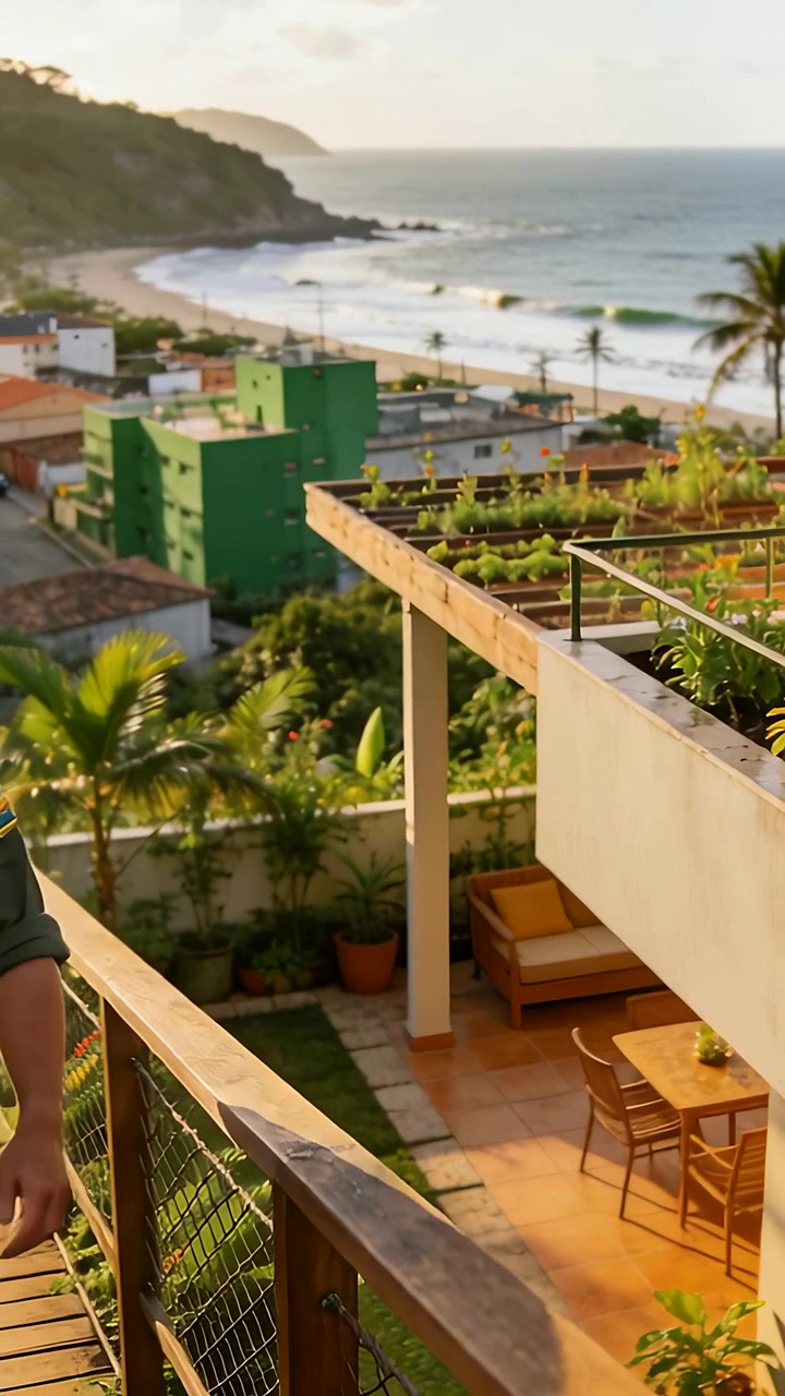 Video verticale: Uomo con camicia verde che entra da sinistra, cammina verso una ringhiera di legno su un patio ammirando la baia.