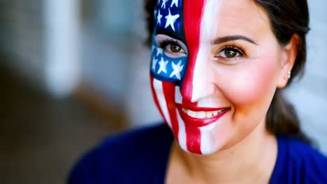 woman with american flag face paint