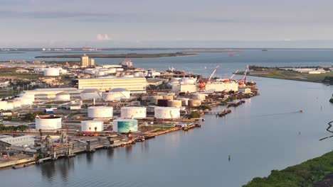 puerto industrial con tanques de almacenamiento de petróleo y grúas cerca de una vía fluvial, probablemente en el área del puerto de tampa