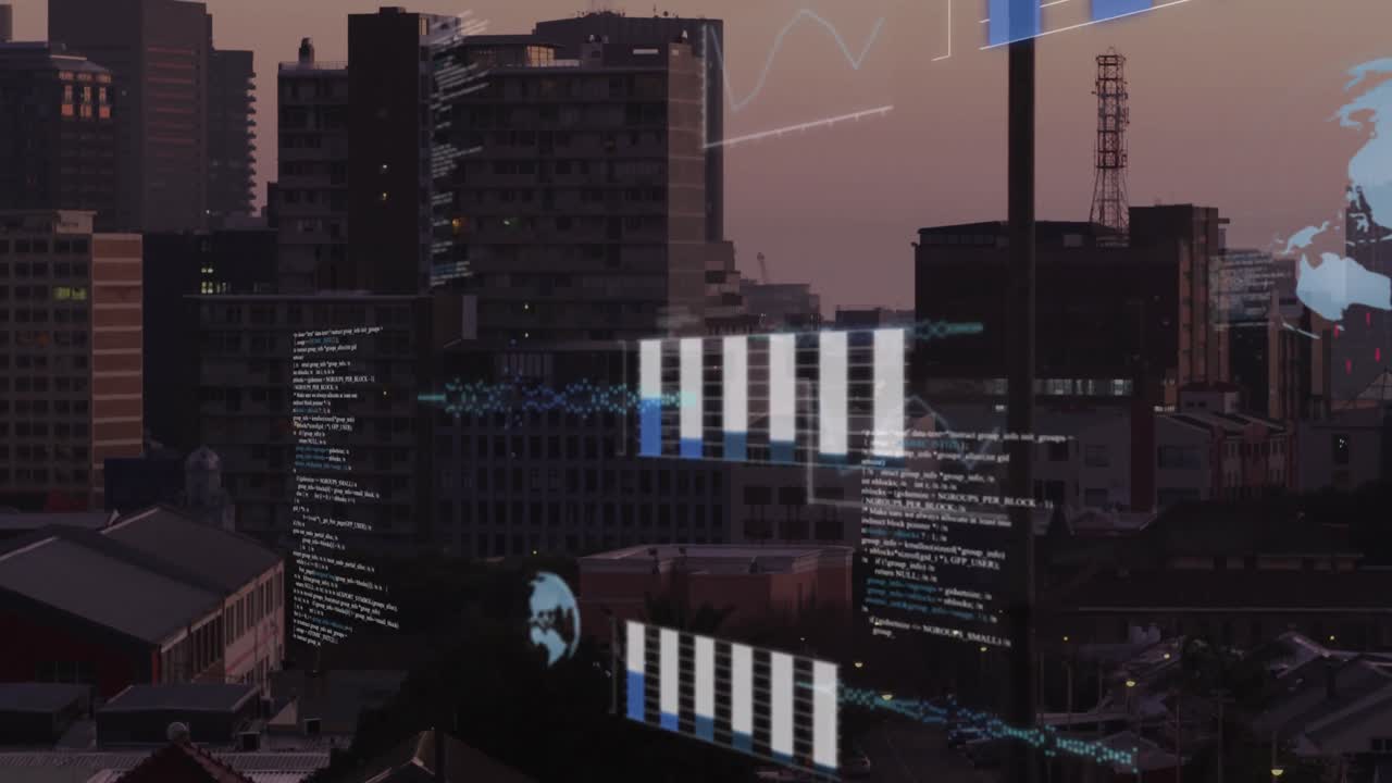 Animation of financial data processing over cityscape