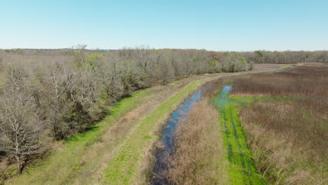 Sendero-Verde-Y-Humedal-En-El-área-De-Manejo-De-Vida-Silvestre-Del-Estado-De-Bell-Slough,-Arkansas,-EE.UU.---Disparo-De-Drone