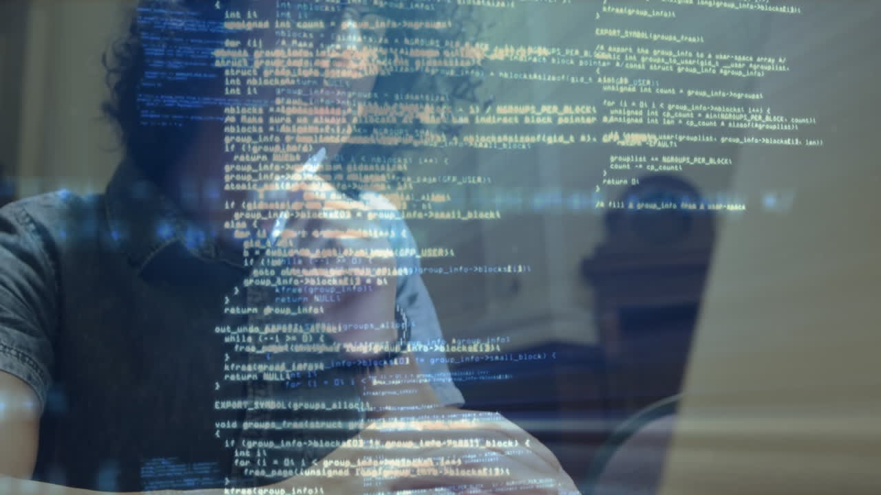 Animation of data processing over woman wearing face