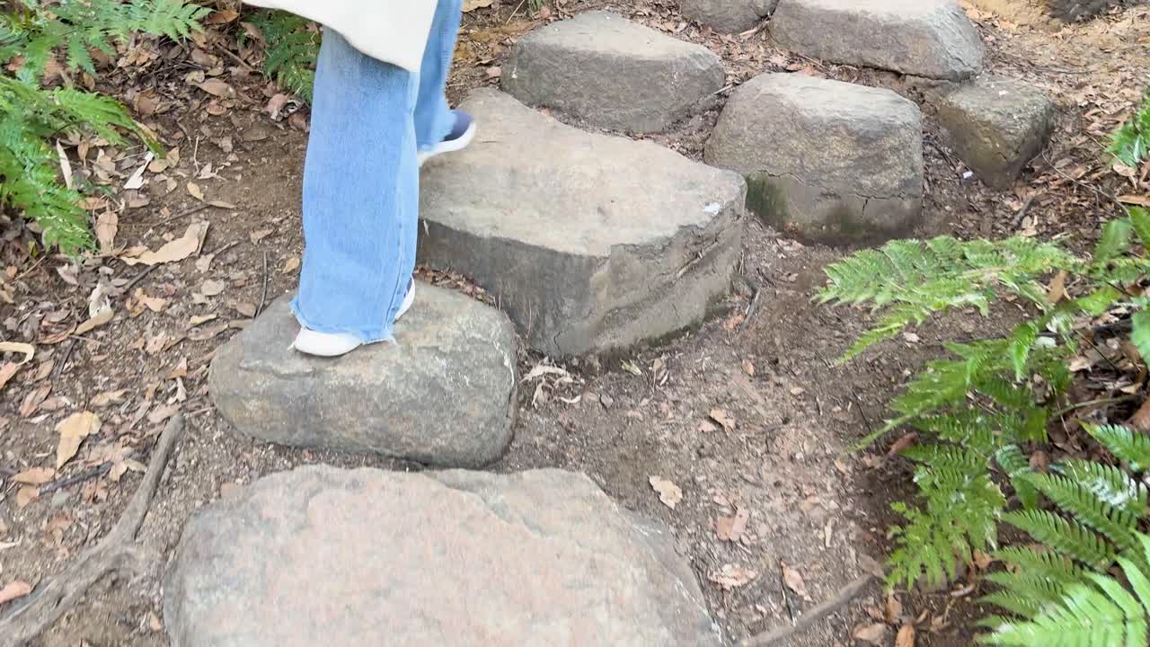 Inquadratura dal basso di gambe che camminano su pietre da guado in un rigoglioso giardino di Tokyo.