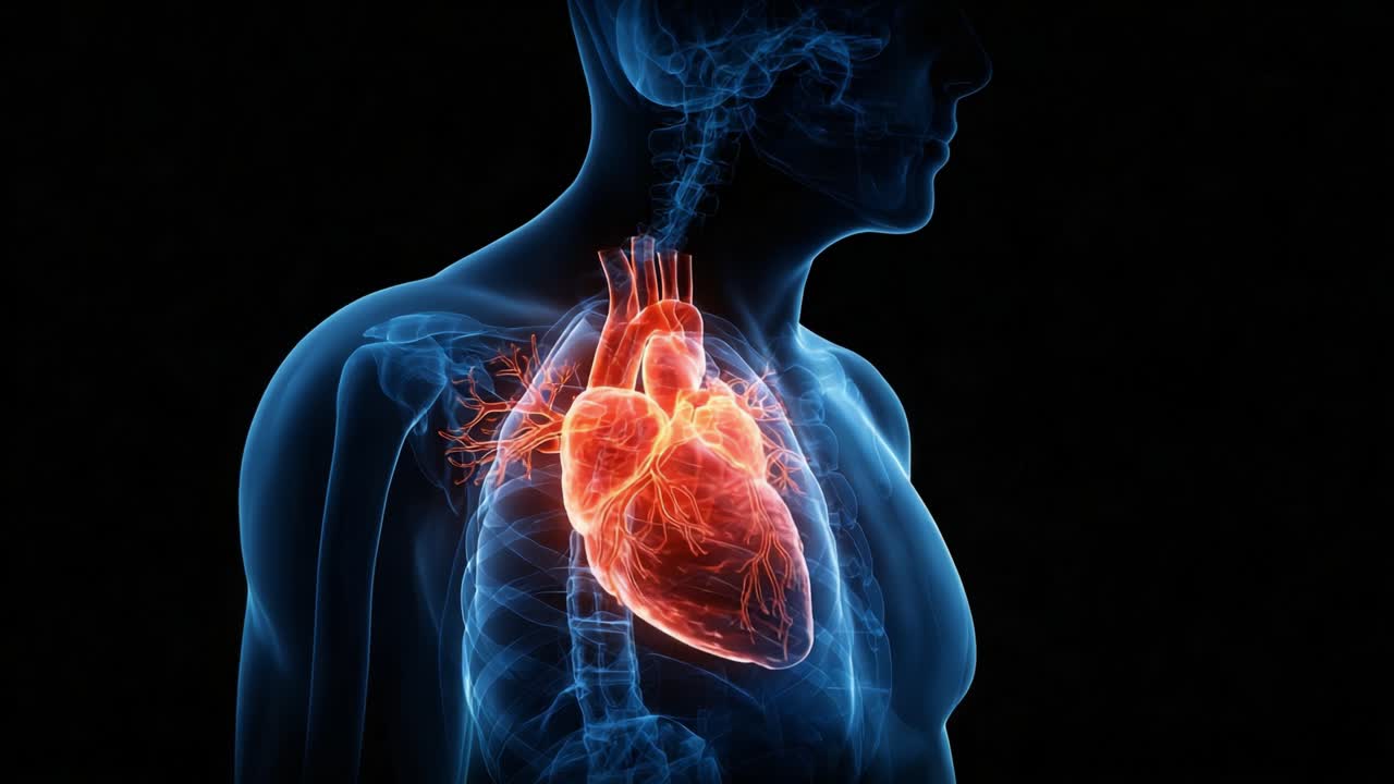A Detailed Visualization of the Human Heart in 3D, Depicting the Intricate Anatomy and Functionality of the Cardiovascular System in a Semi-Transparent Male Figure against a Black Background