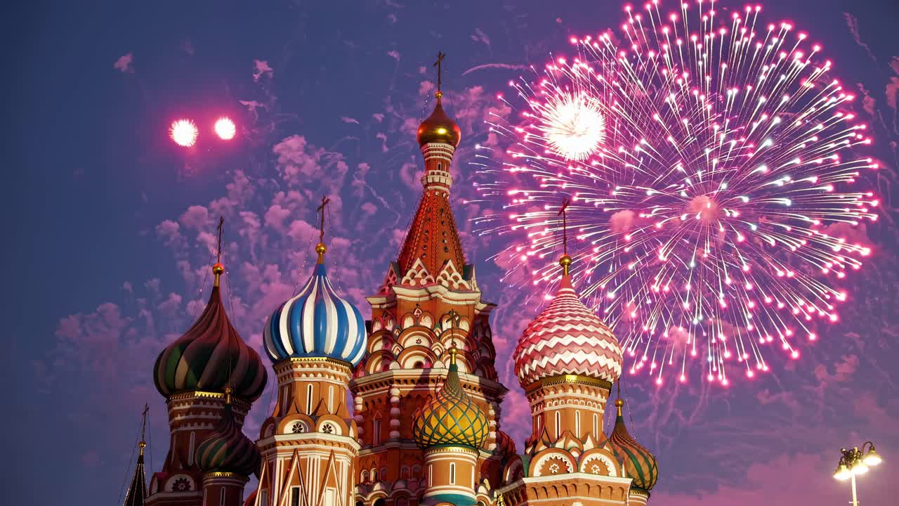 Vibrant fireworks burst over colorful domes at night, captured from a low-angle