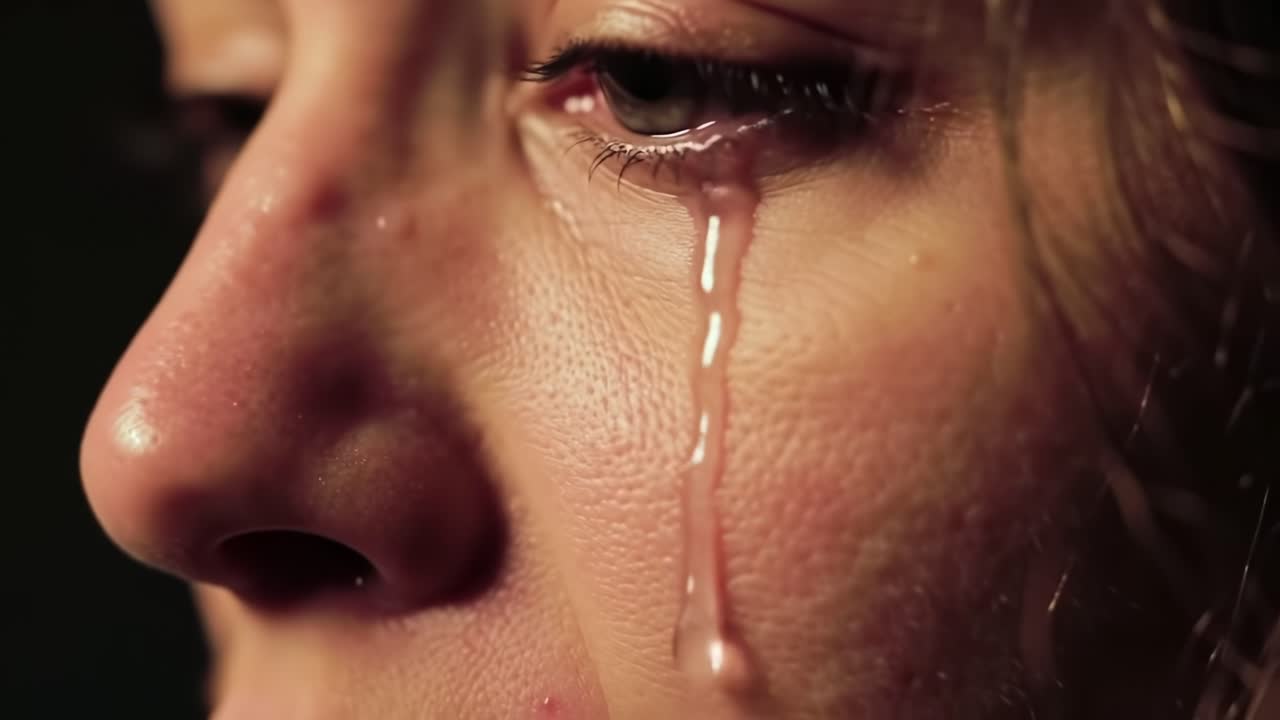 A Profound Moment of Emotion Captured: Close-up of a Tear Cascading Down a Face Highlighting Vulnerability and Introspection in a Thought-Provoking Scene