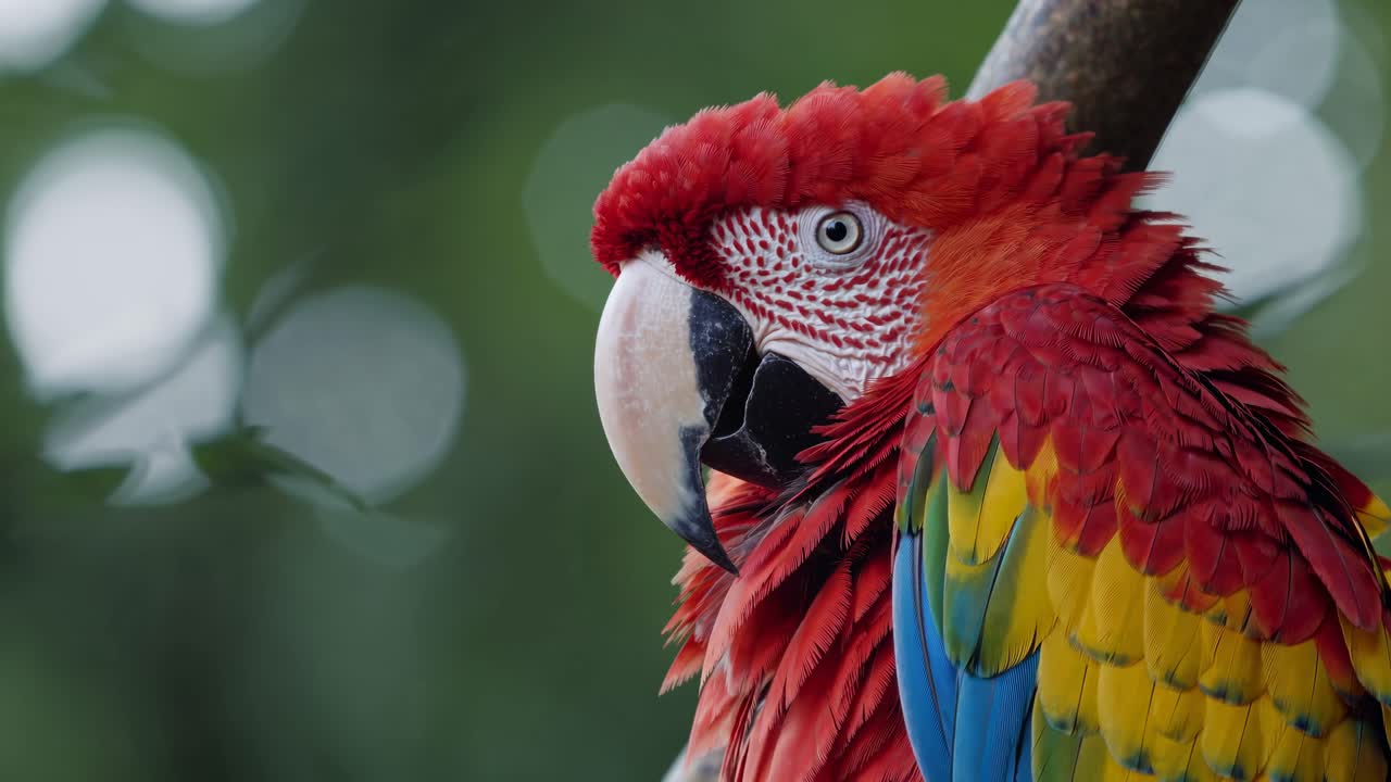 Close-up video shot of a vibrant parrot perched on a branch, showcasing colorful feathers