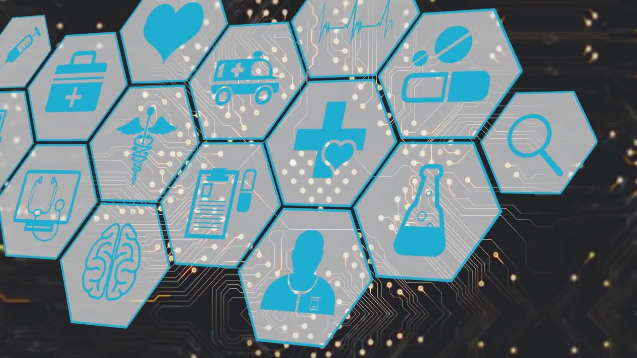 검은 바탕에 컴퓨터 회로판 위에 의료 아이콘의 애니메이션