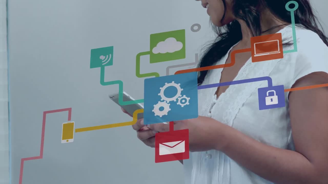 animación de una red de conexiones con iconos sobre una mujer biracial usando un teléfono inteligente