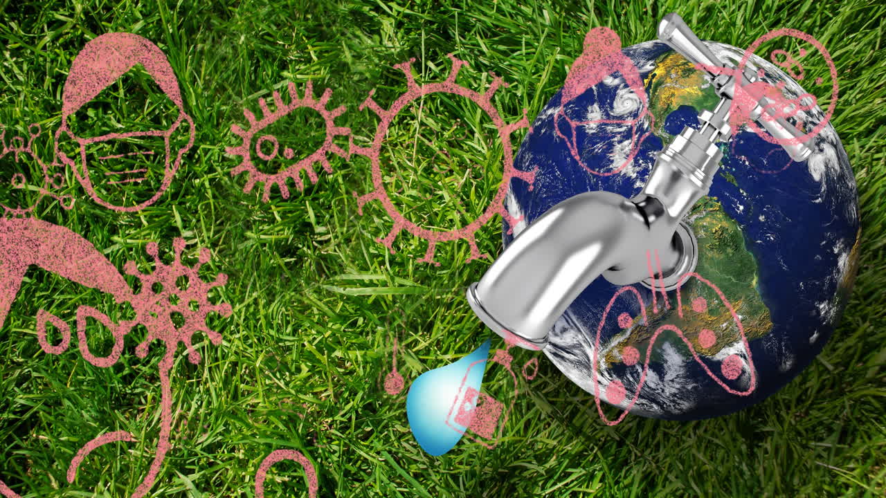 animación de las células covid-19 que caen sobre la hierba y el globo