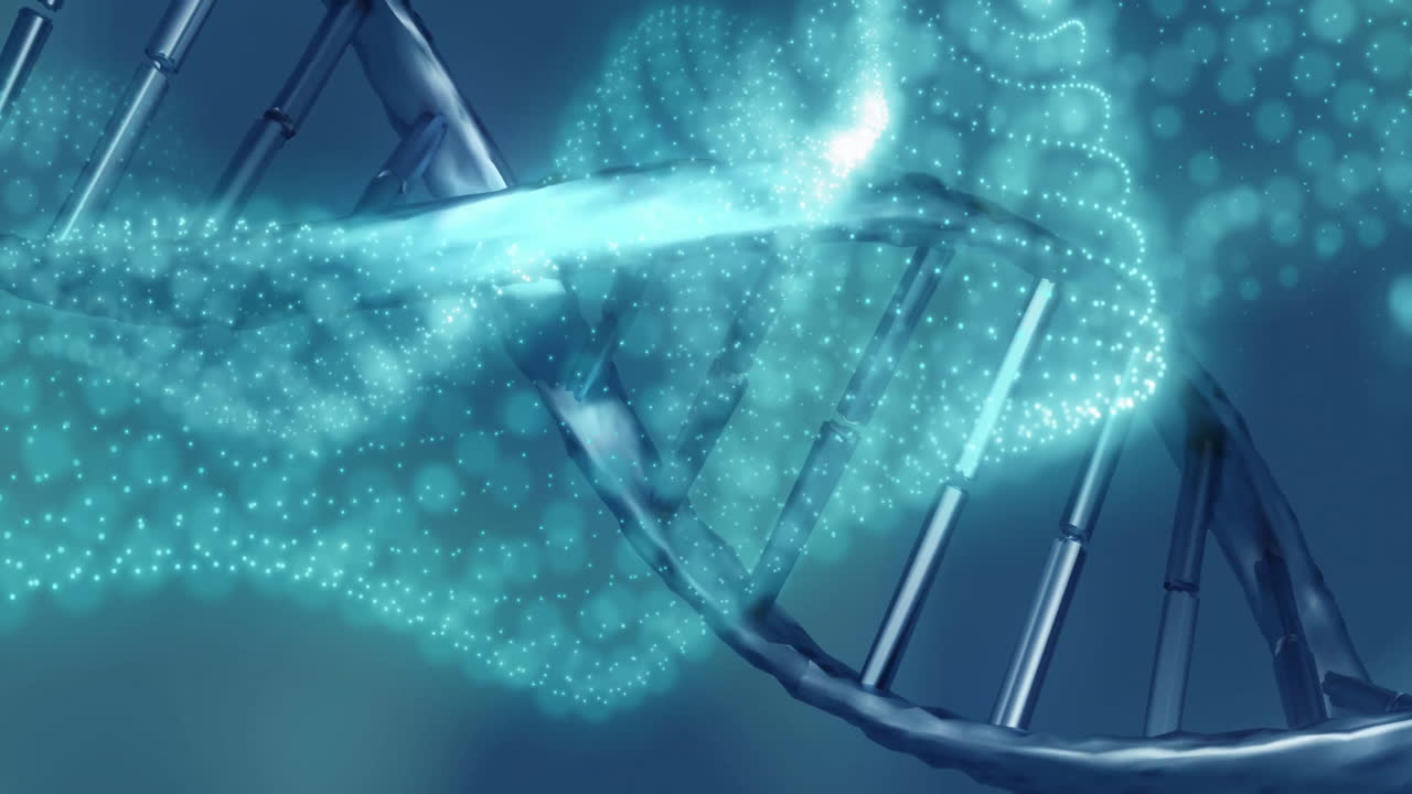 Animation of light spots over dna strand on blue background