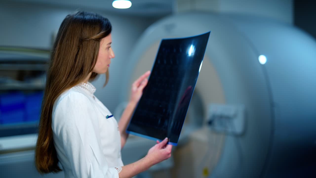 Young doctor radiologist looks at an x-ray in clinic. Female medic in uniform holding in hands and examines a radiogram picture of a patient.