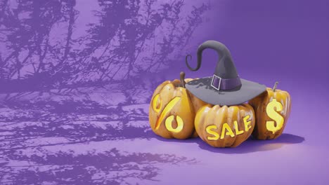 Carved-pumpkins-with-percent,-dollar-and-sale-sign-on-purple-background-template